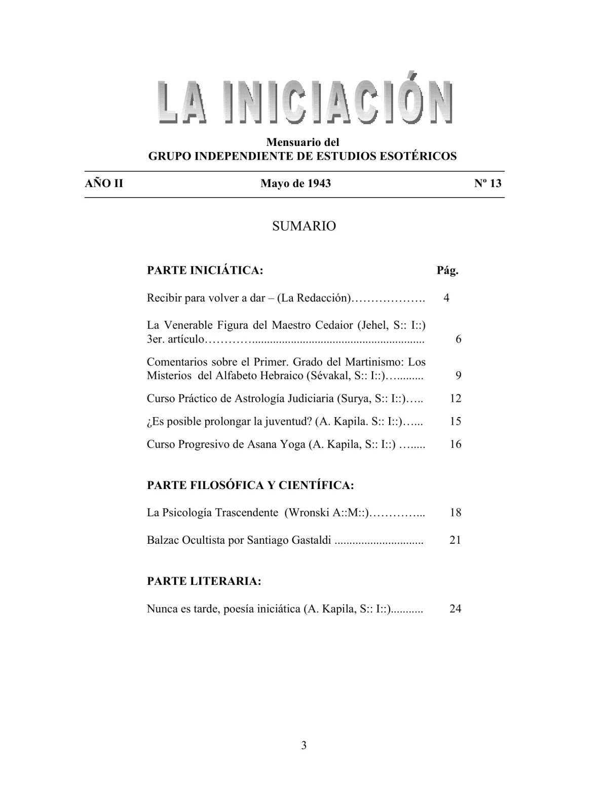 La Iniciación · Año II, Nº 13 · May 1943, page 3