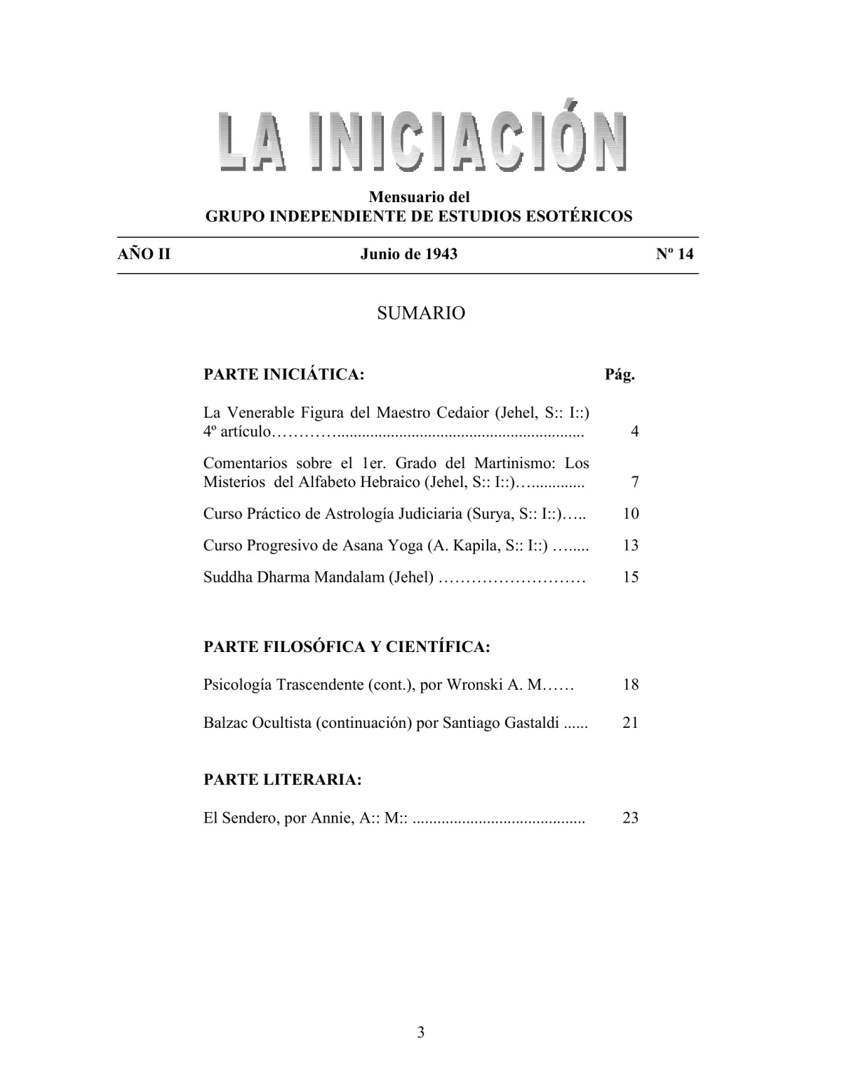La Iniciación · Año II, Nº 14 · June 1943, page 3