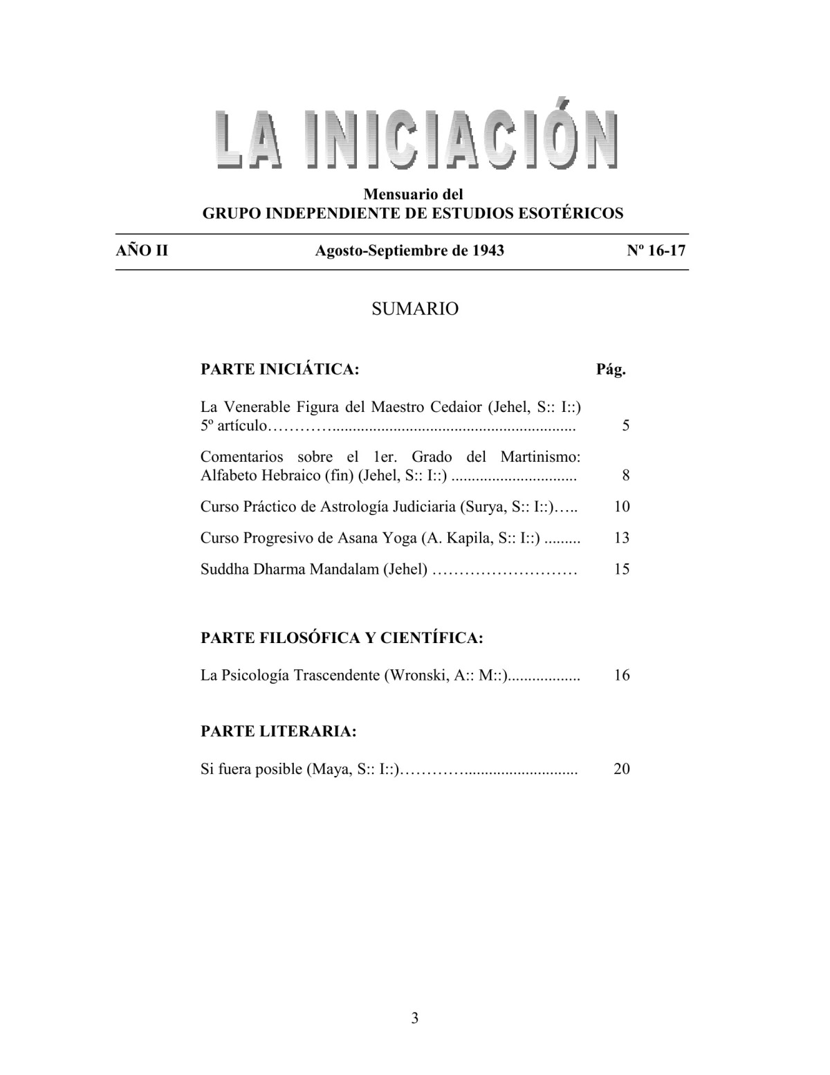 La Iniciación · Año II, Nº 16-17 · August 1943, page 3