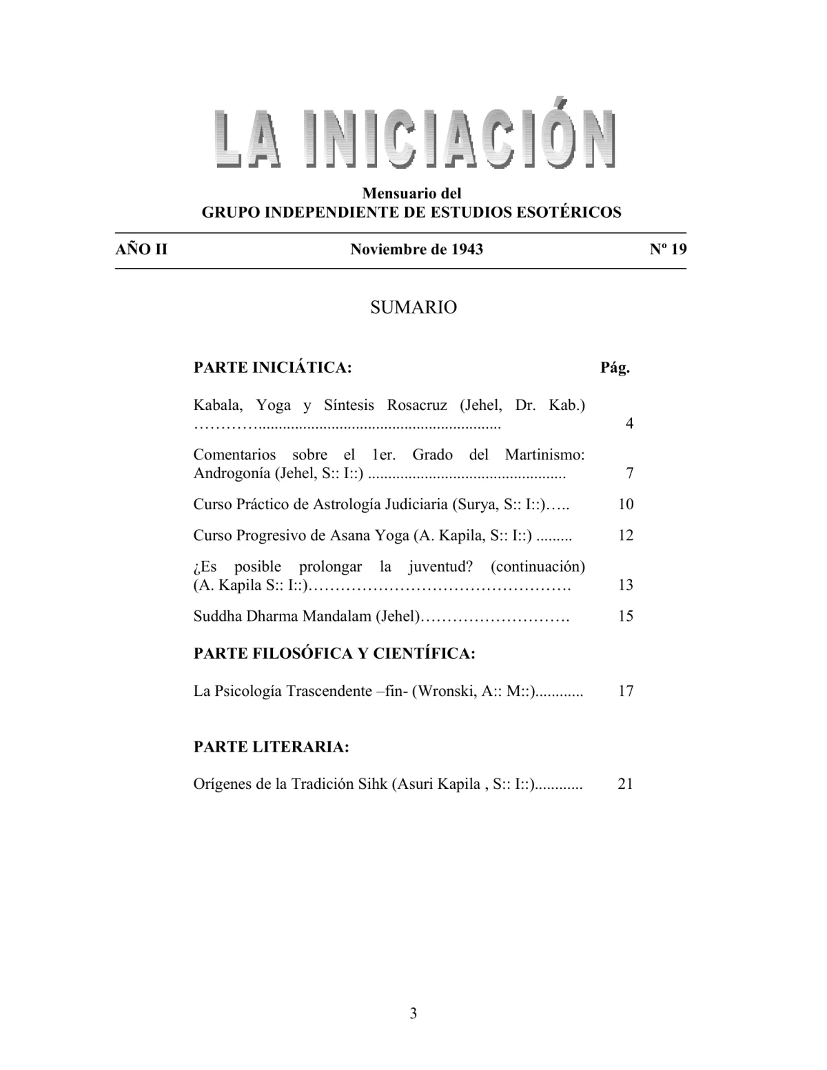 La Iniciación · Año II, Nº 19 · November 1943, page 3