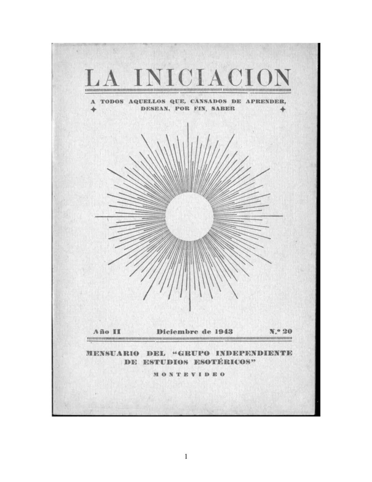 La Iniciación · Año II, Nº 20 · December 1943, page 1