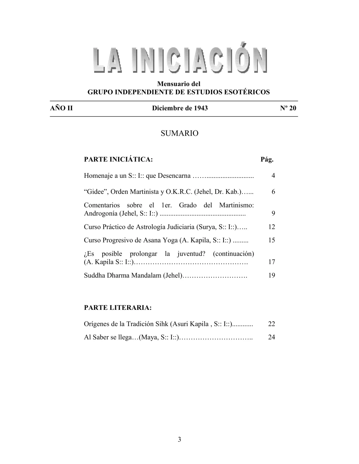 La Iniciación · Año II, Nº 20 · December 1943, page 3