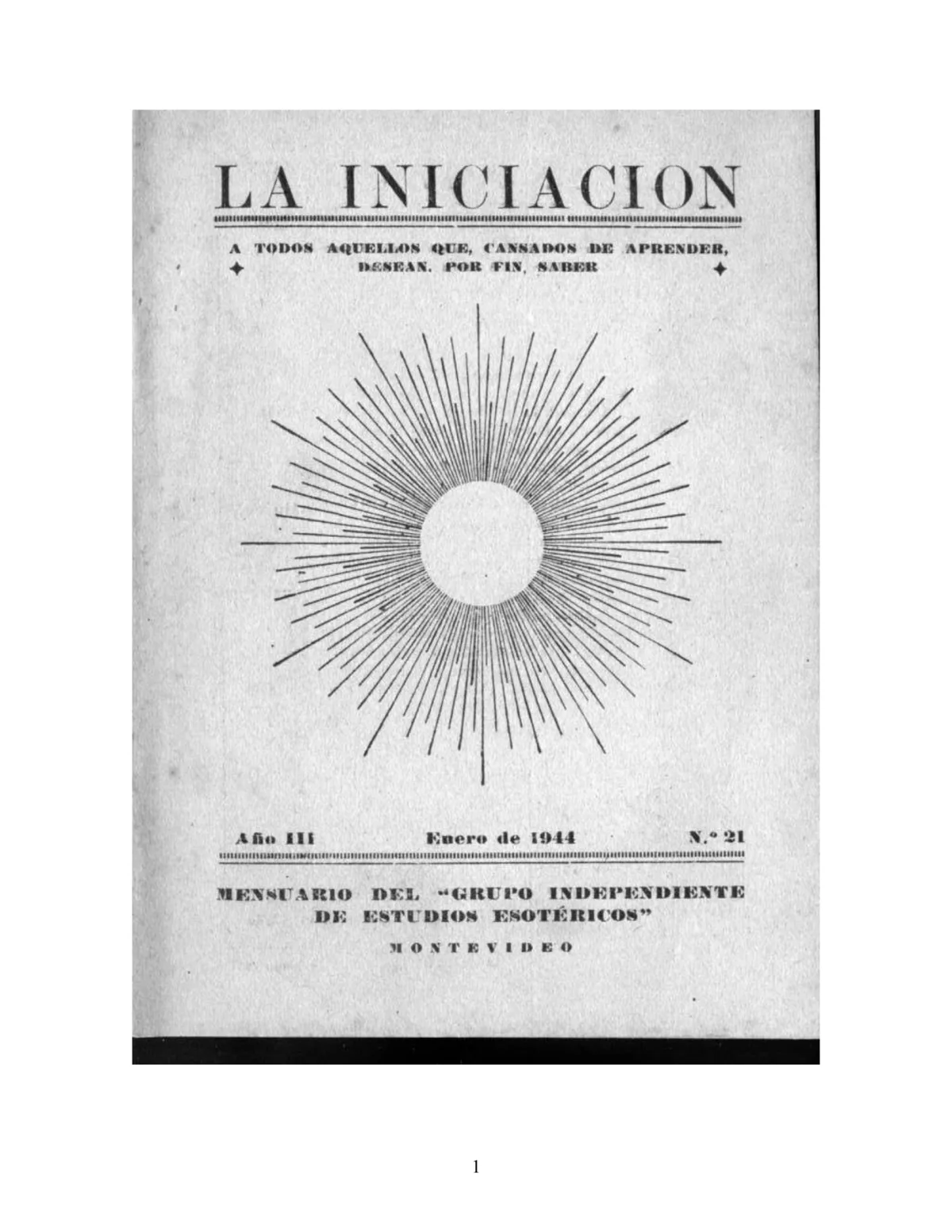 La Iniciación · Año III, Nº 21 · January 1944, page 1