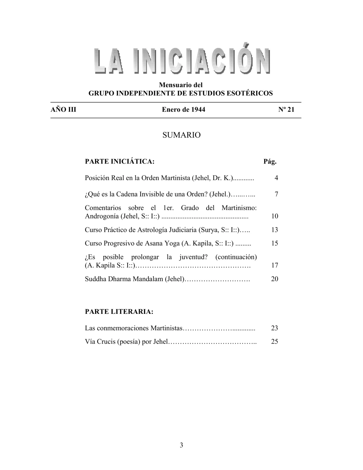 La Iniciación · Año III, Nº 21 · January 1944, page 3