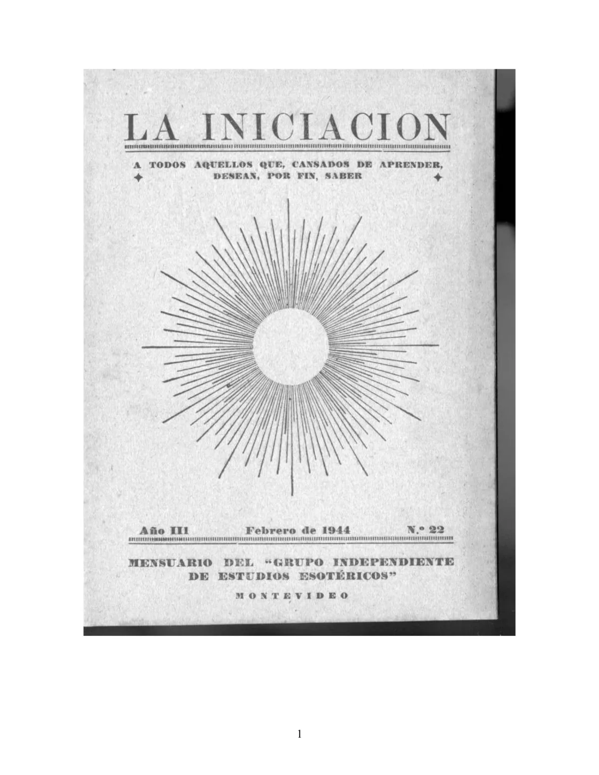 La Iniciación · Año III, Nº 22 · February 1944, page 1