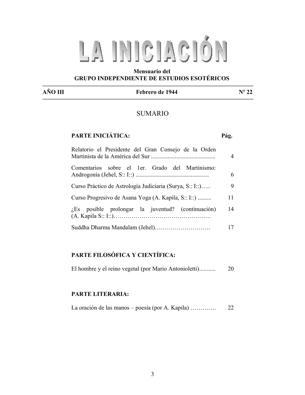 La Iniciación · Año III, Nº 22 · February 1944, page 3