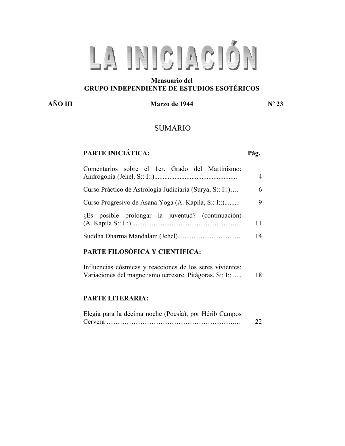 La Iniciación · Año III, Nº 23 · March 1944, page 3