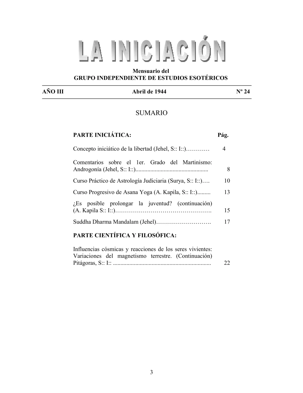 La Iniciación · Año III, Nº 24 · April 1944, page 3