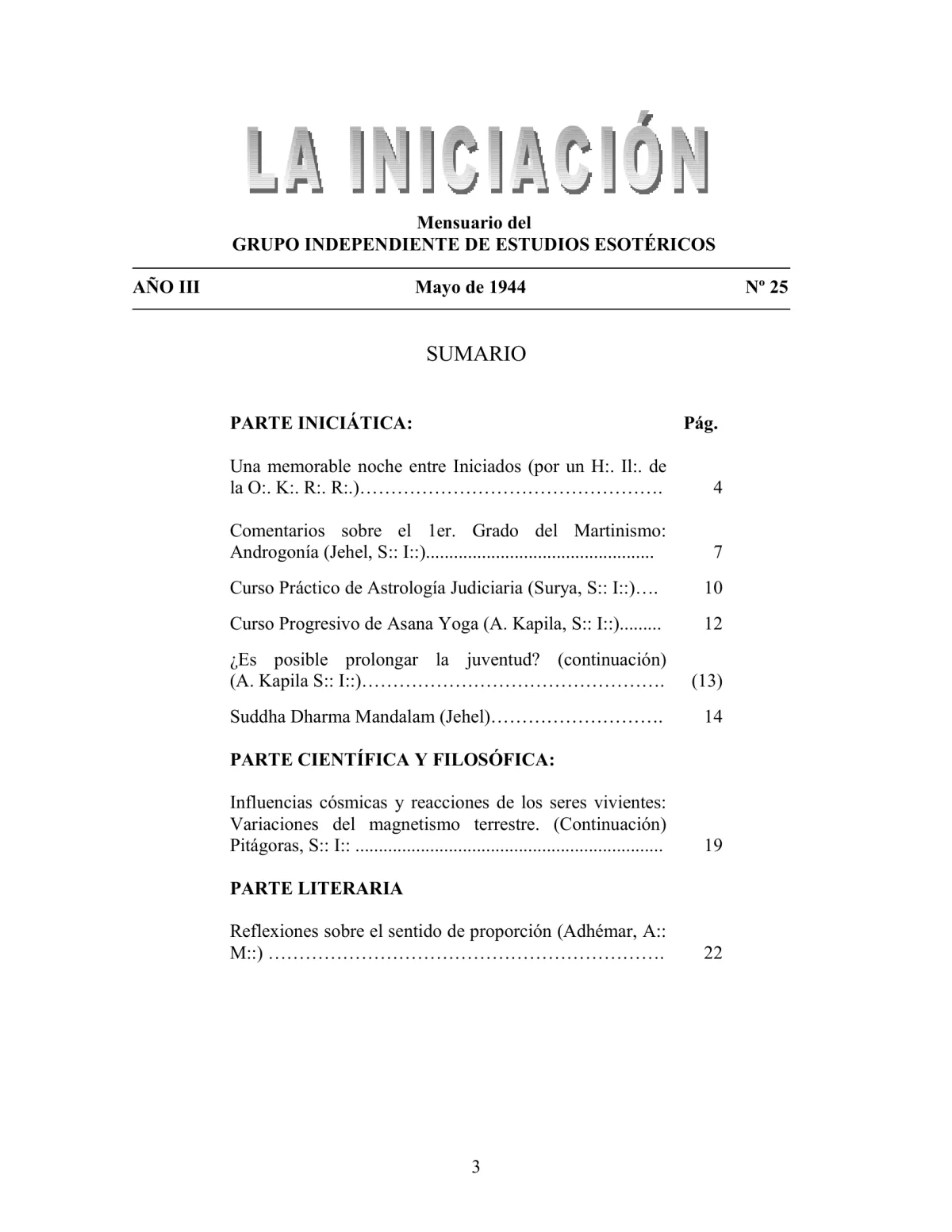 La Iniciación · Año III, Nº 25 · May 1944, page 3