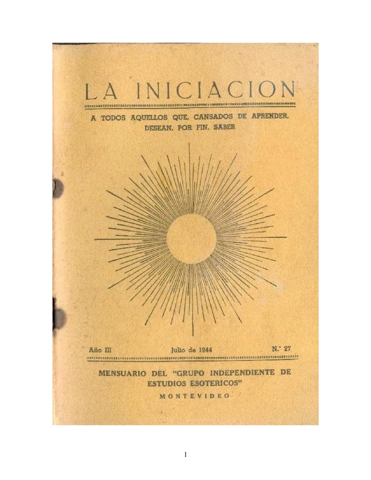 La Iniciación · Año III, Nº 27 · July 1944, page 1
