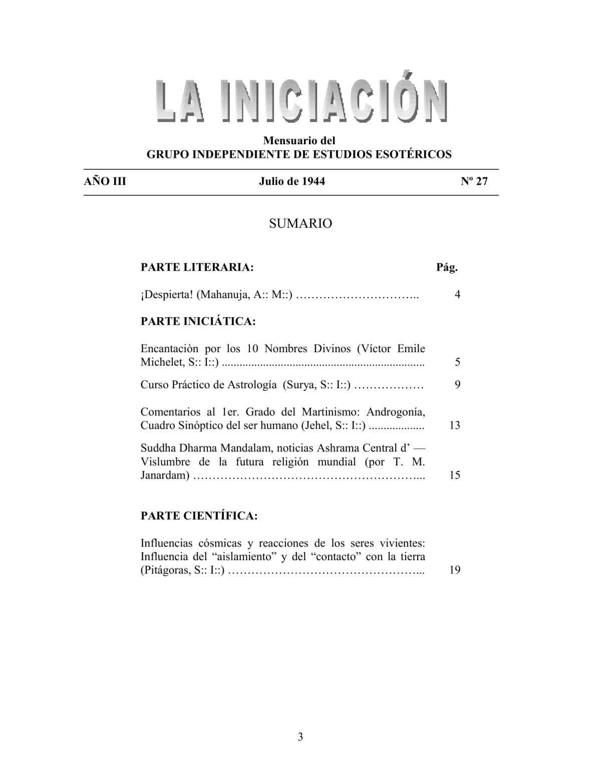 La Iniciación · Año III, Nº 27 · July 1944, page 3