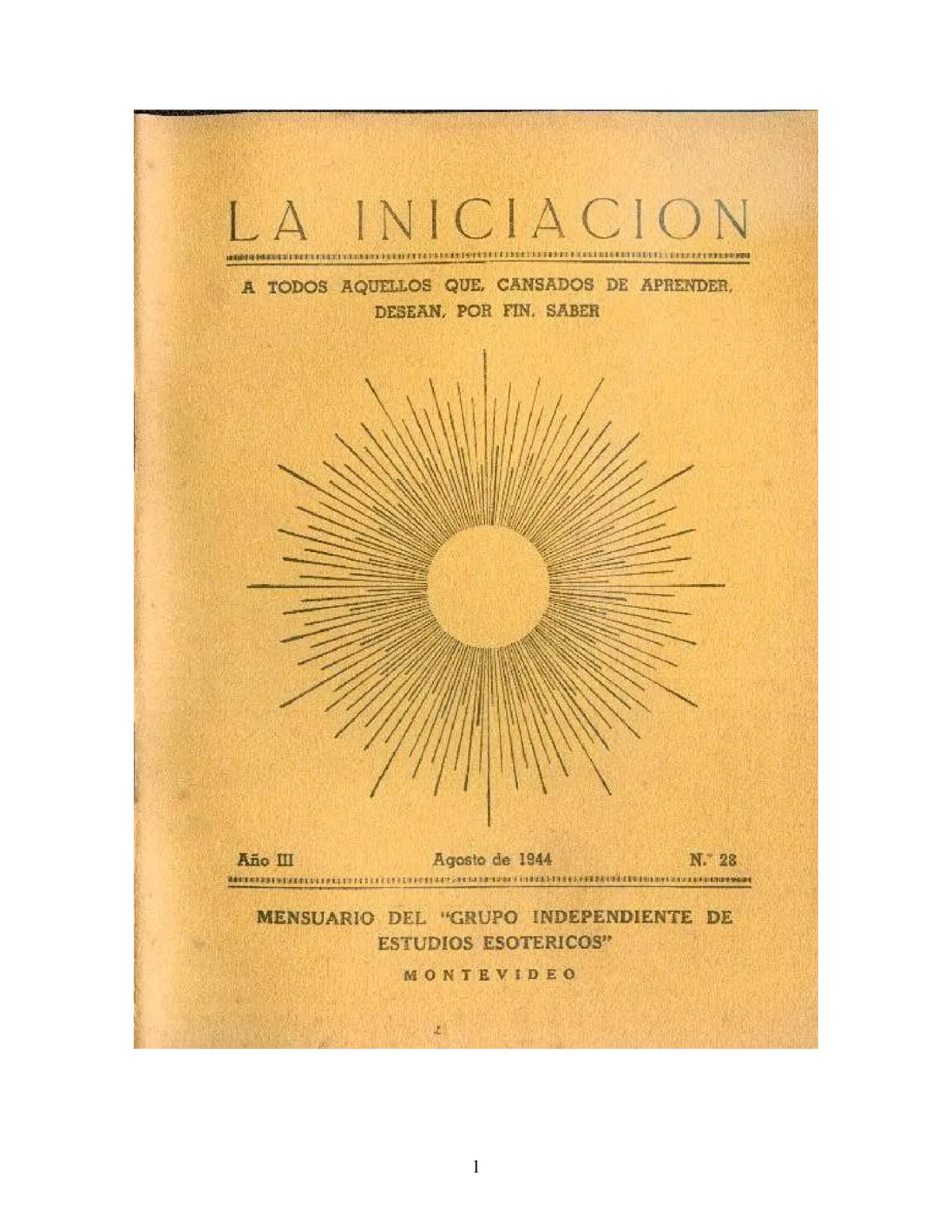 La Iniciación · Año III, Nº 28 · August 1944, page 1