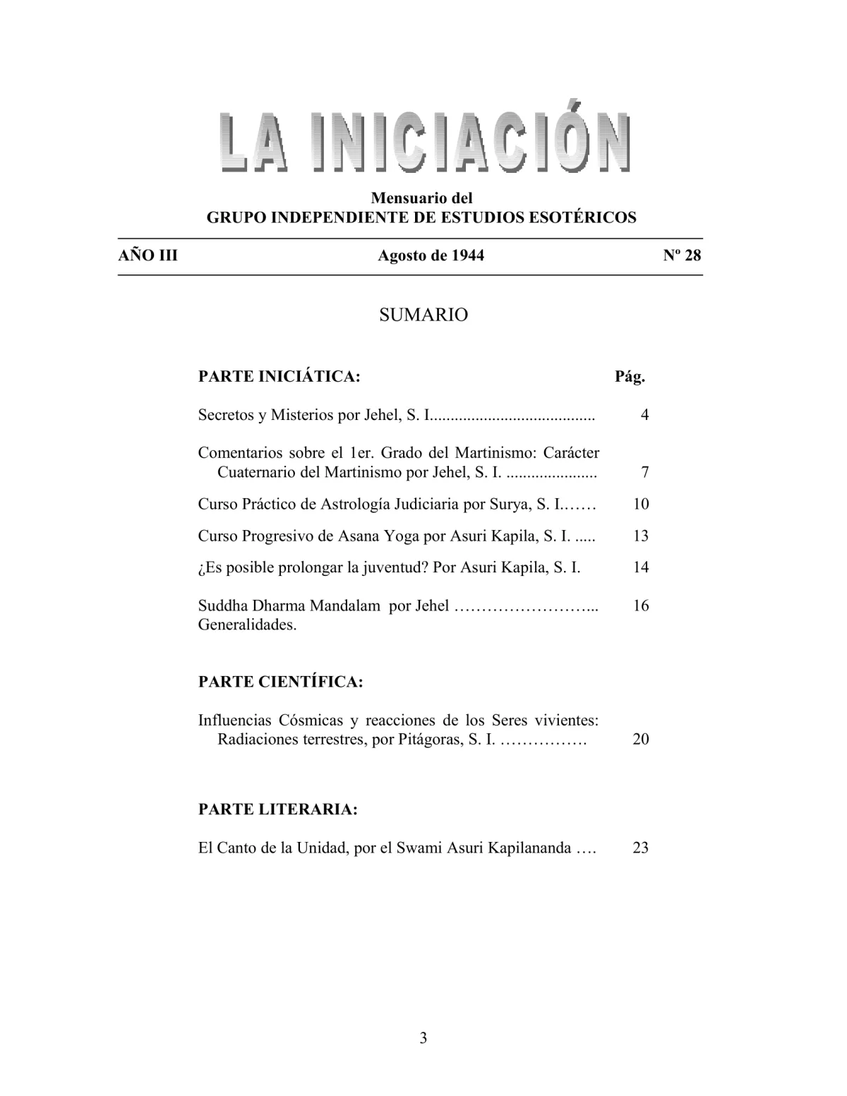 La Iniciación · Año III, Nº 28 · August 1944, page 3
