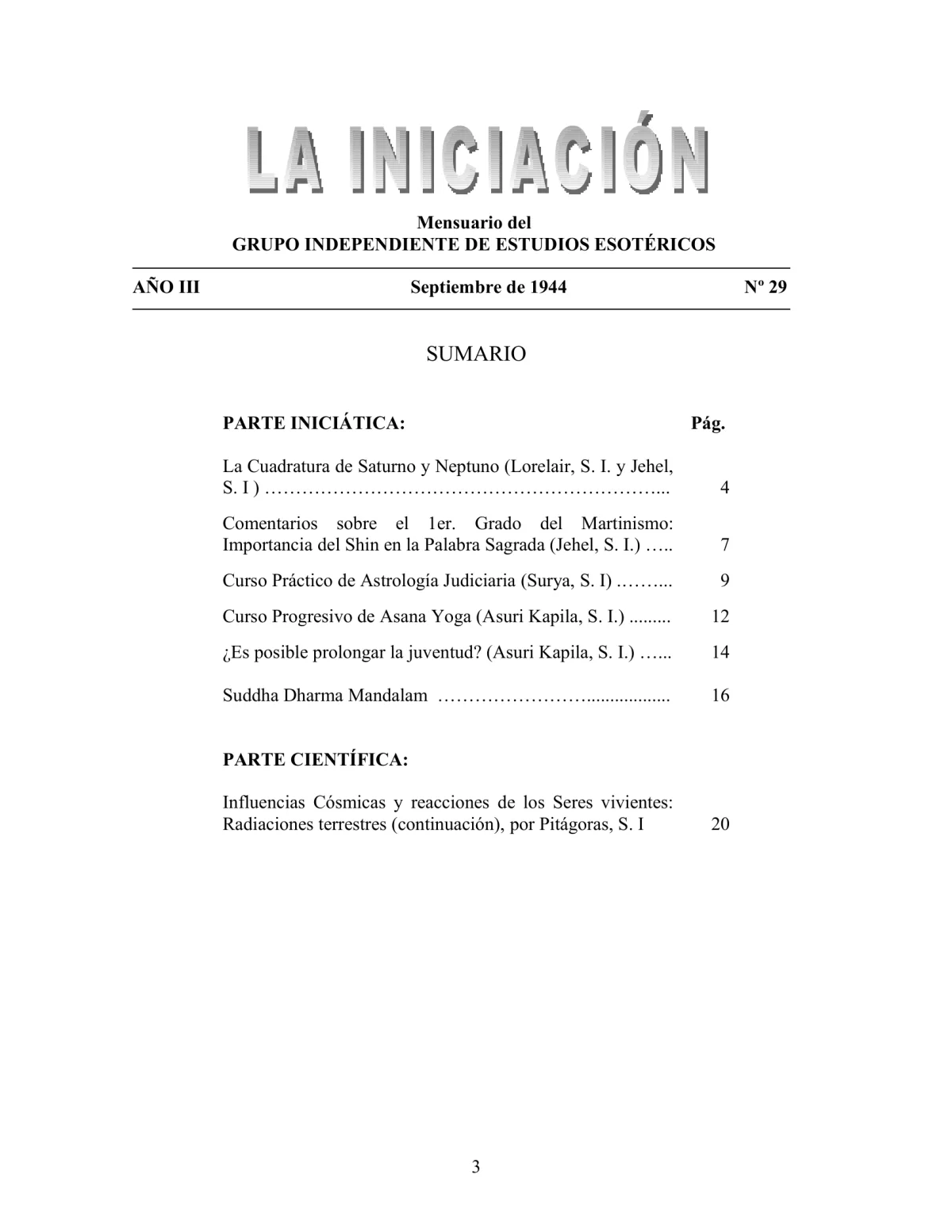 La Iniciación · Año III, Nº 29 · September 1944, page 3