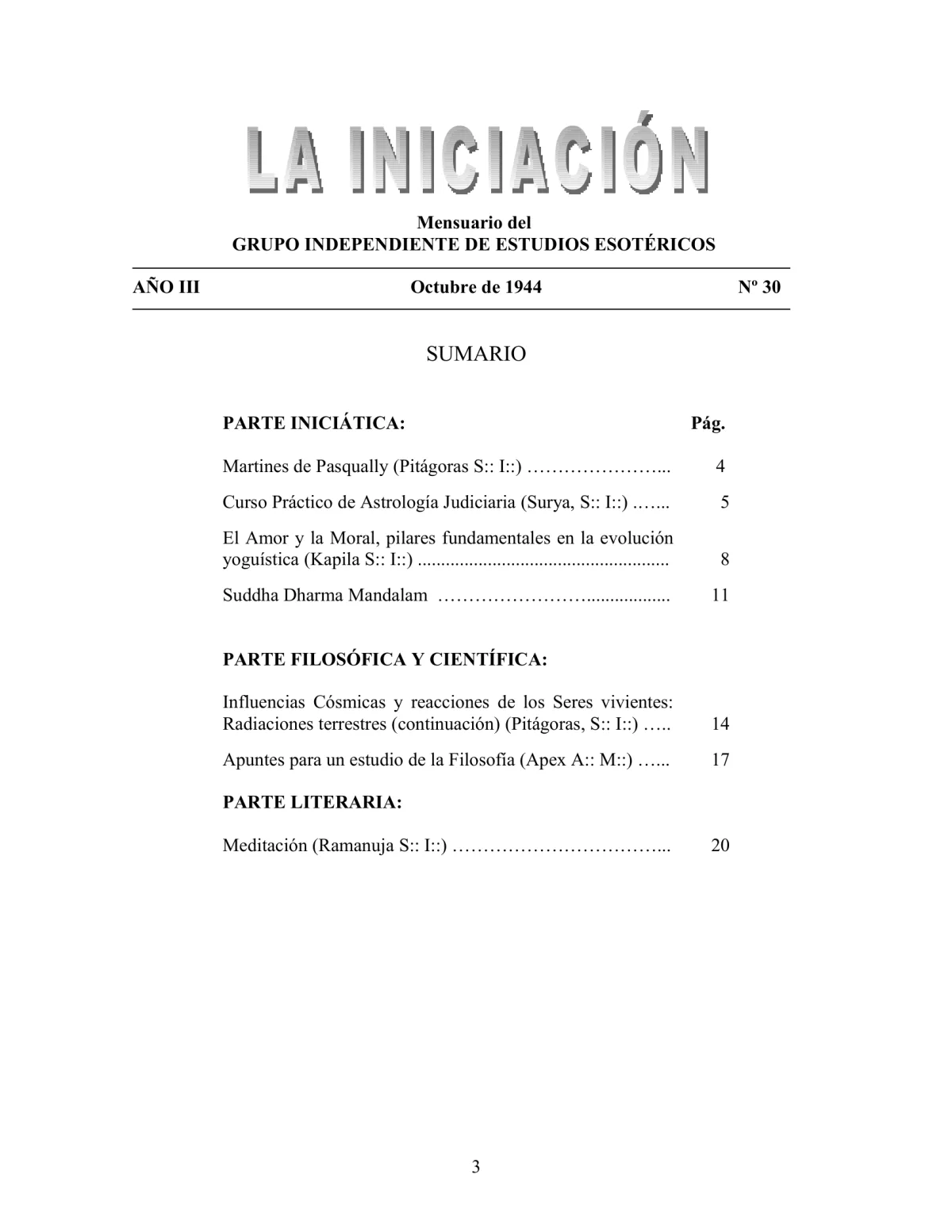 La Iniciación · Año III, Nº 30 · October 1944, page 3