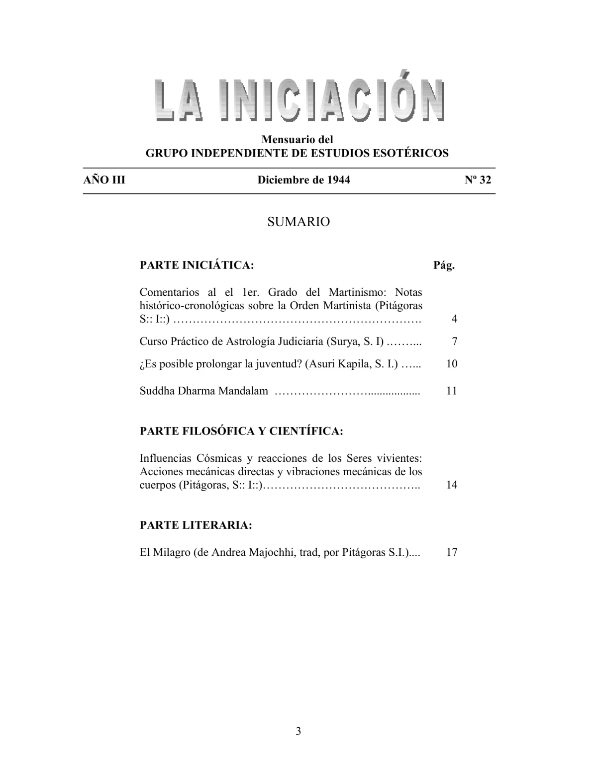 La Iniciación · Año III, Nº 32 · December 1944, page 3