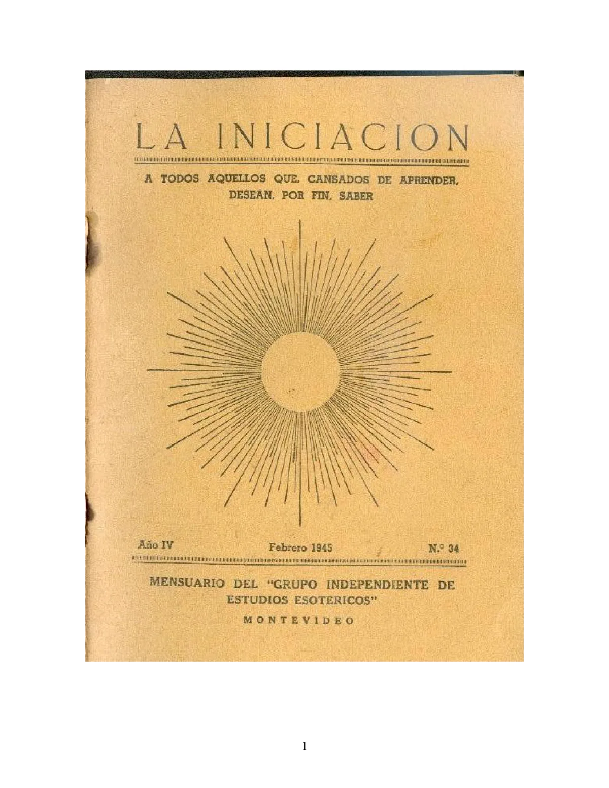 La Iniciación · Año IV, Nº 34 · February 1945, page 1