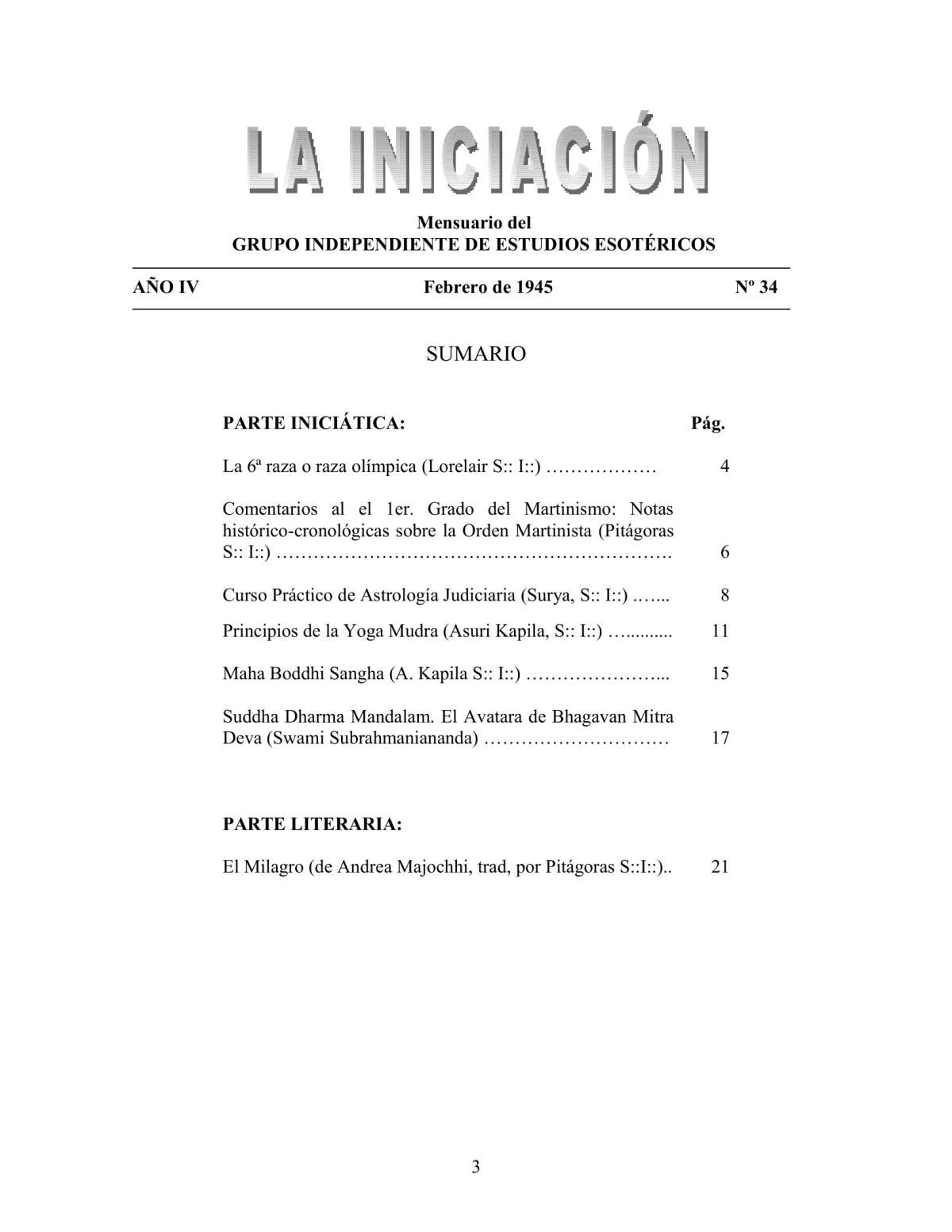 La Iniciación · Año IV, Nº 34 · February 1945, page 3