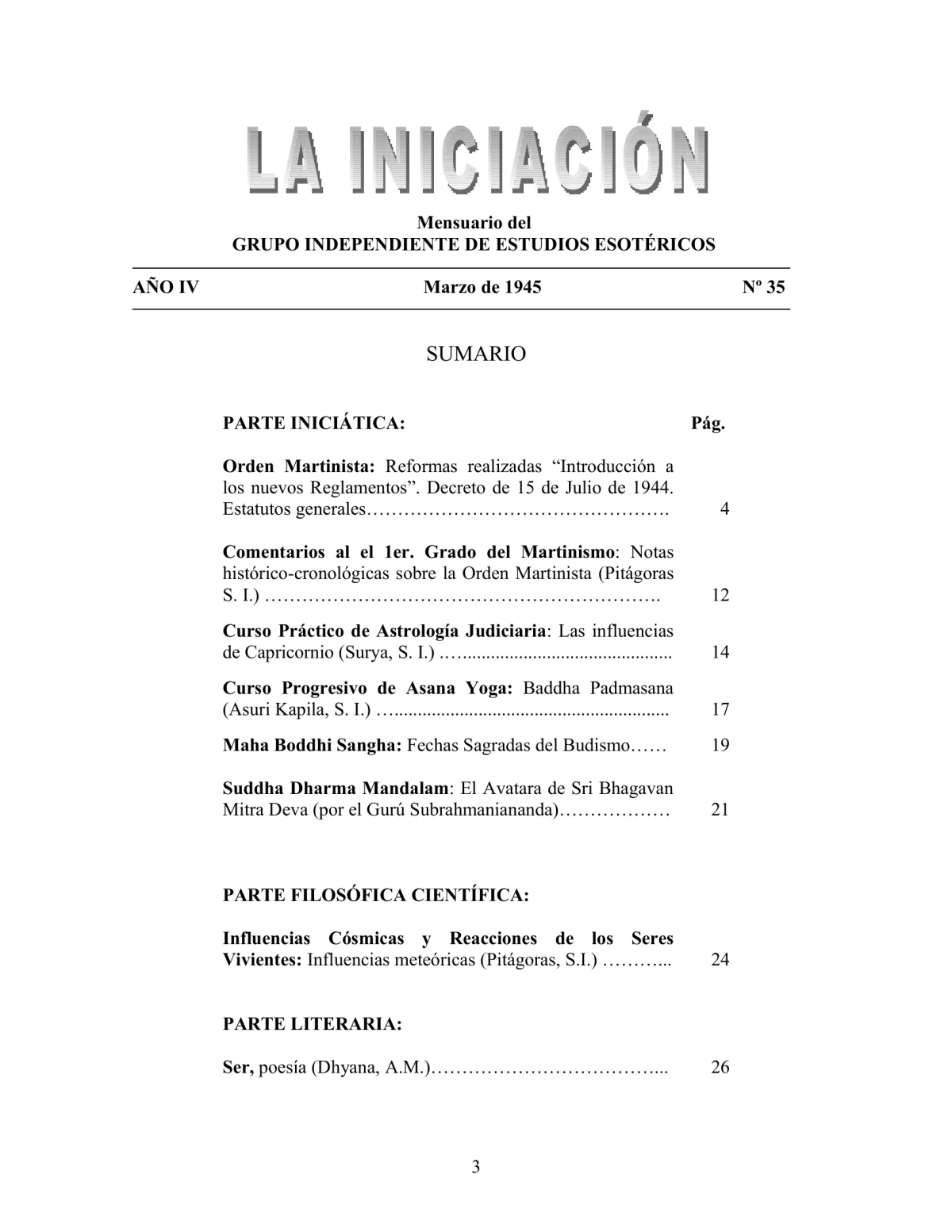 La Iniciación · Año IV, Nº 35 · March 1945, page 3