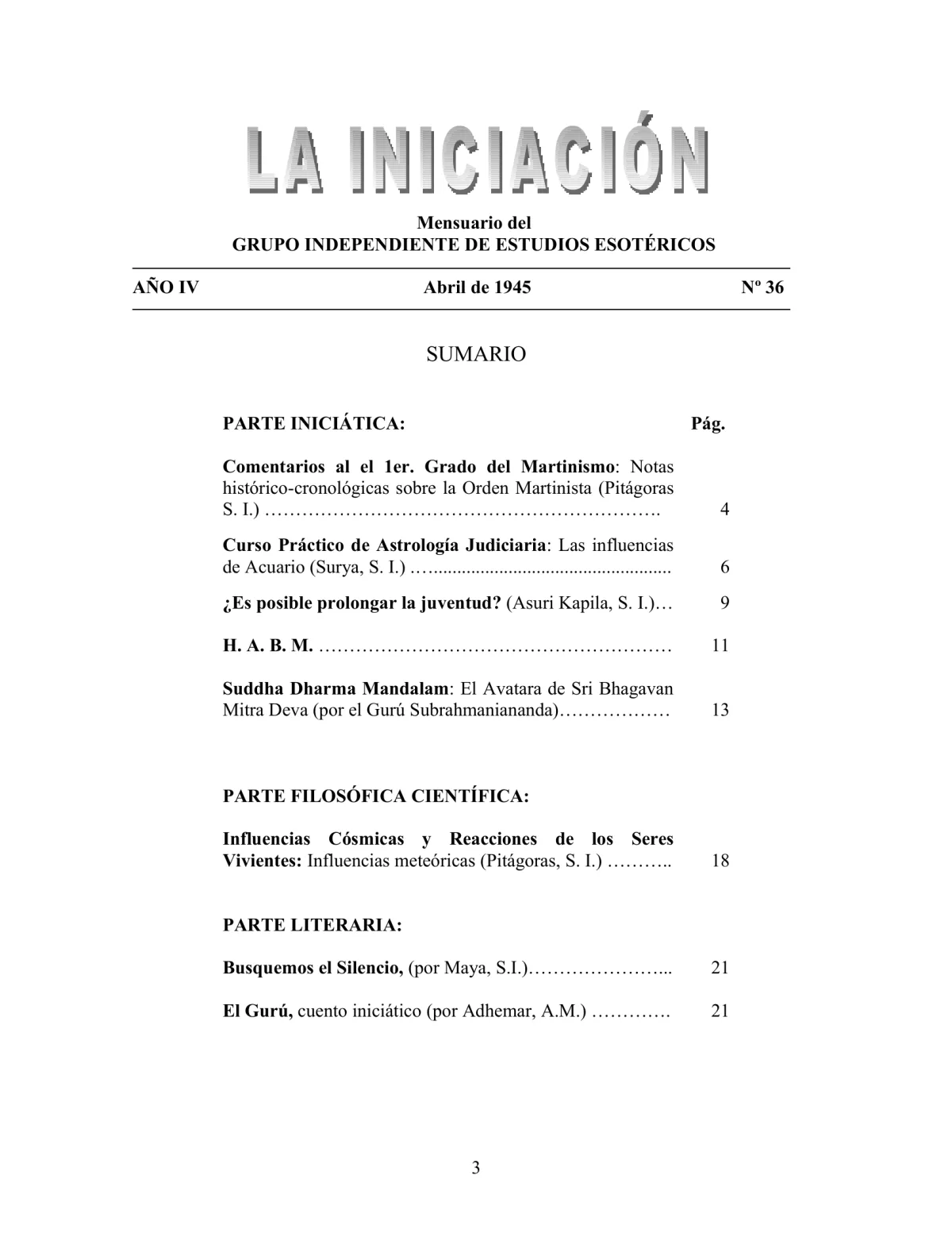 La Iniciación · Año IV, Nº 36 · April 1945, page 3