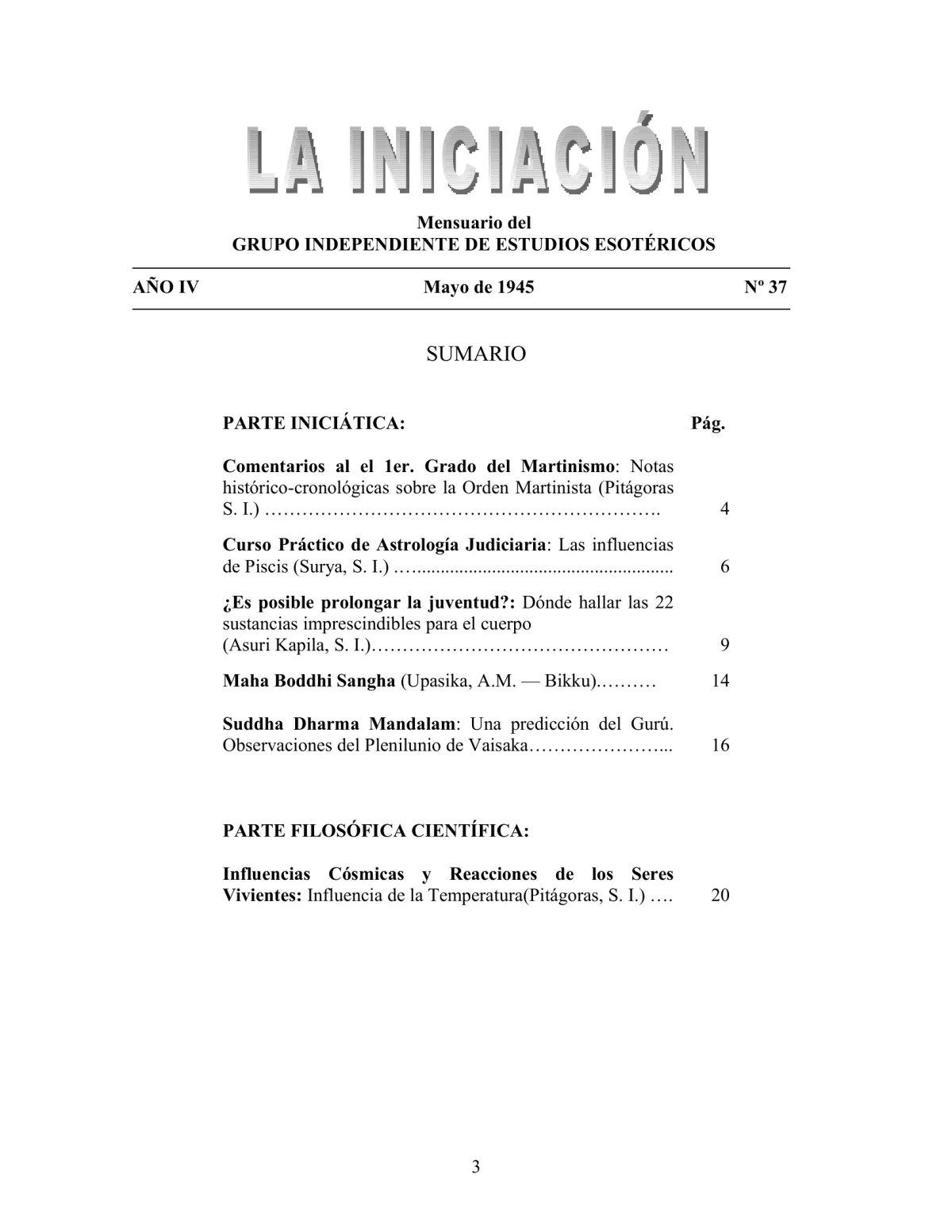 La Iniciación · Año IV, Nº 37 · May 1945, page 3