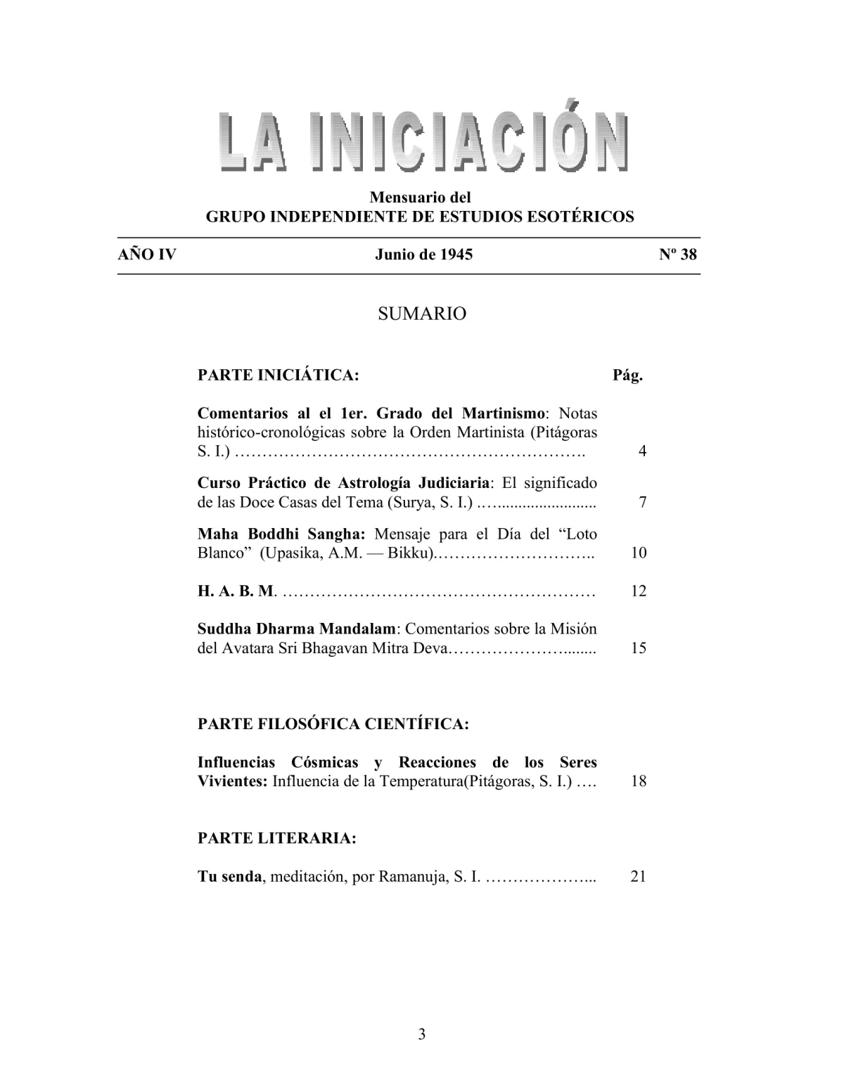 La Iniciación · Año IV, Nº 38 · June 1945, page 3