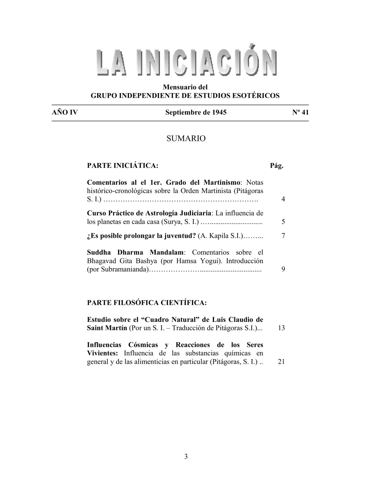 La Iniciación · Año IV, Nº 41 · September 1945, page 3