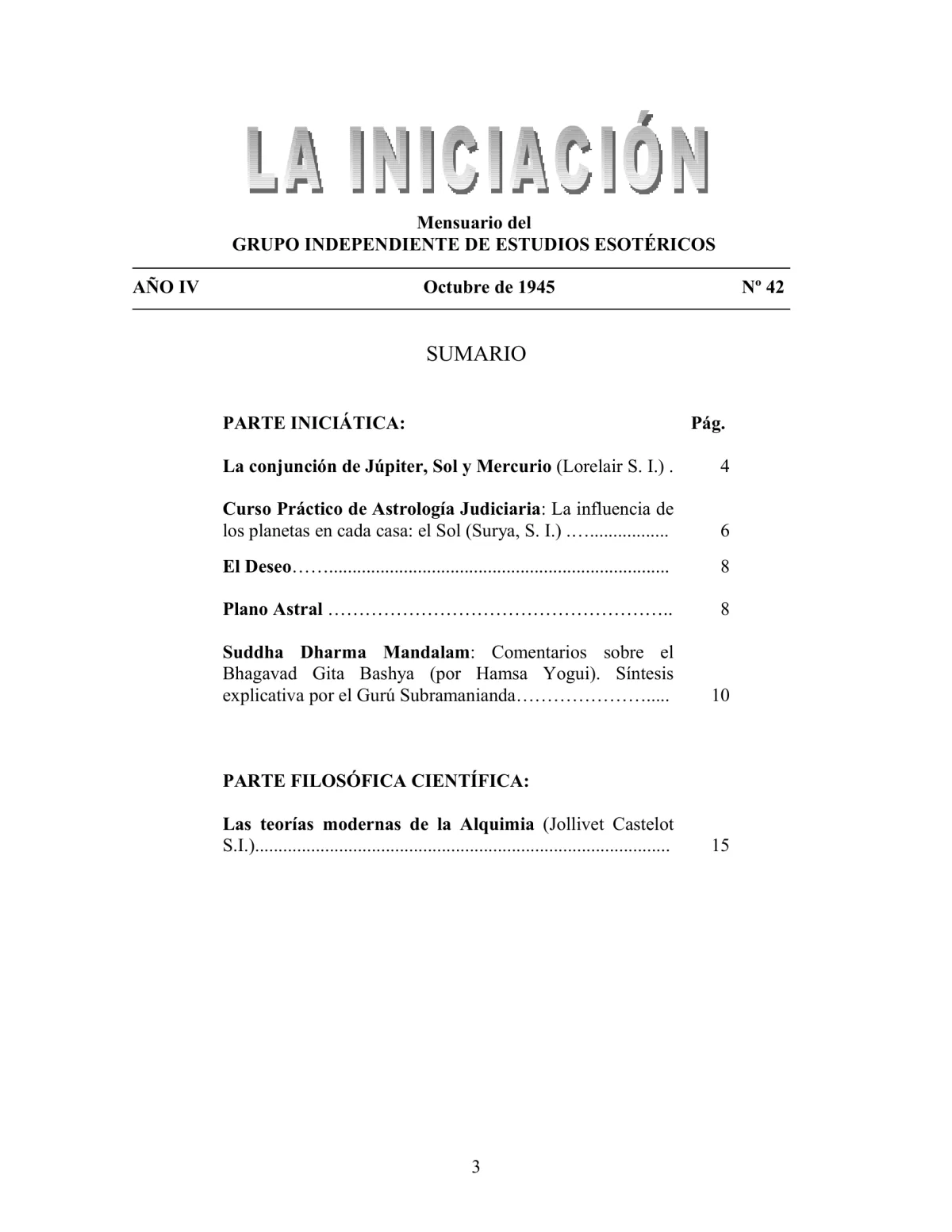 La Iniciación · Año IV, Nº 42 · October 1945, page 3