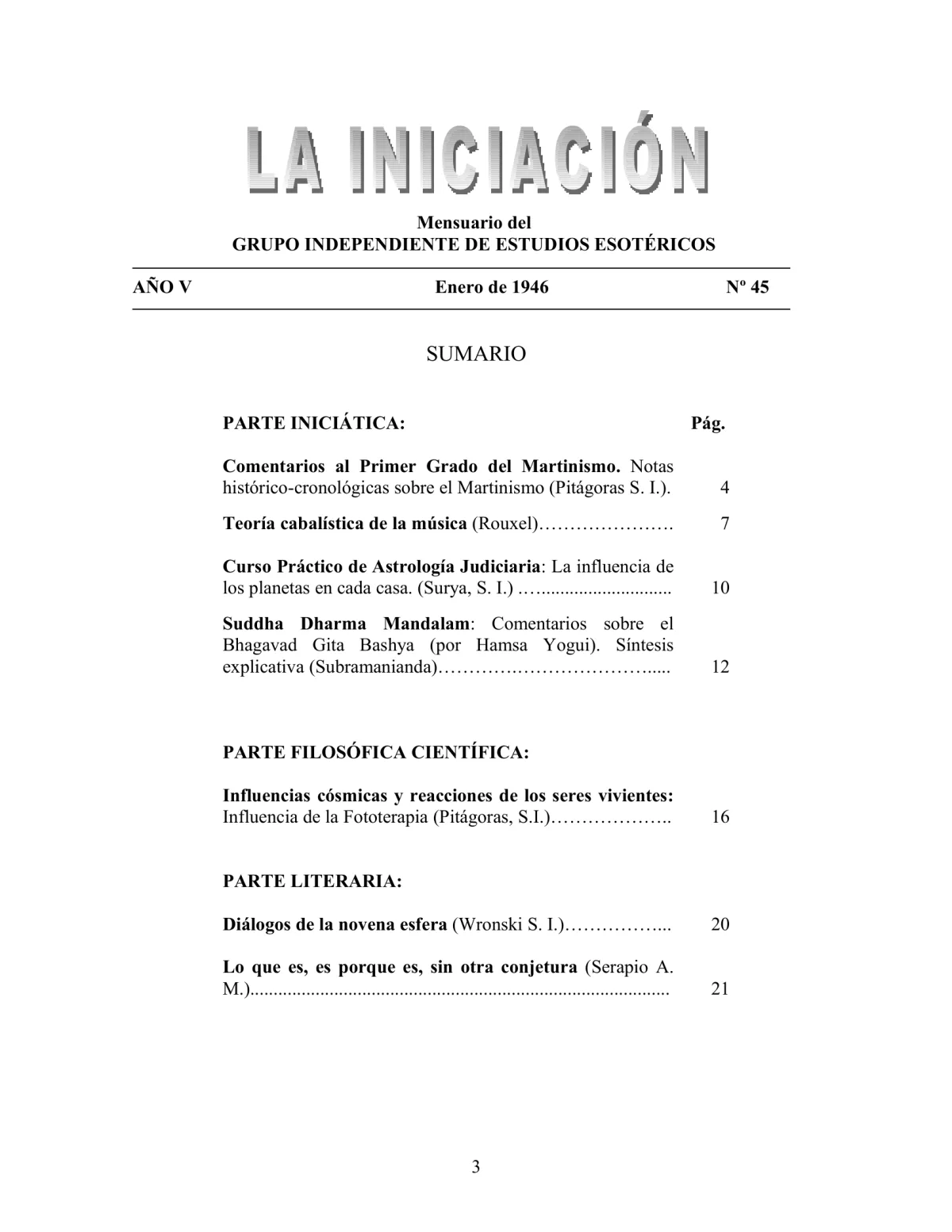 La Iniciación · Año V, Nº 45 · January 1946, page 3