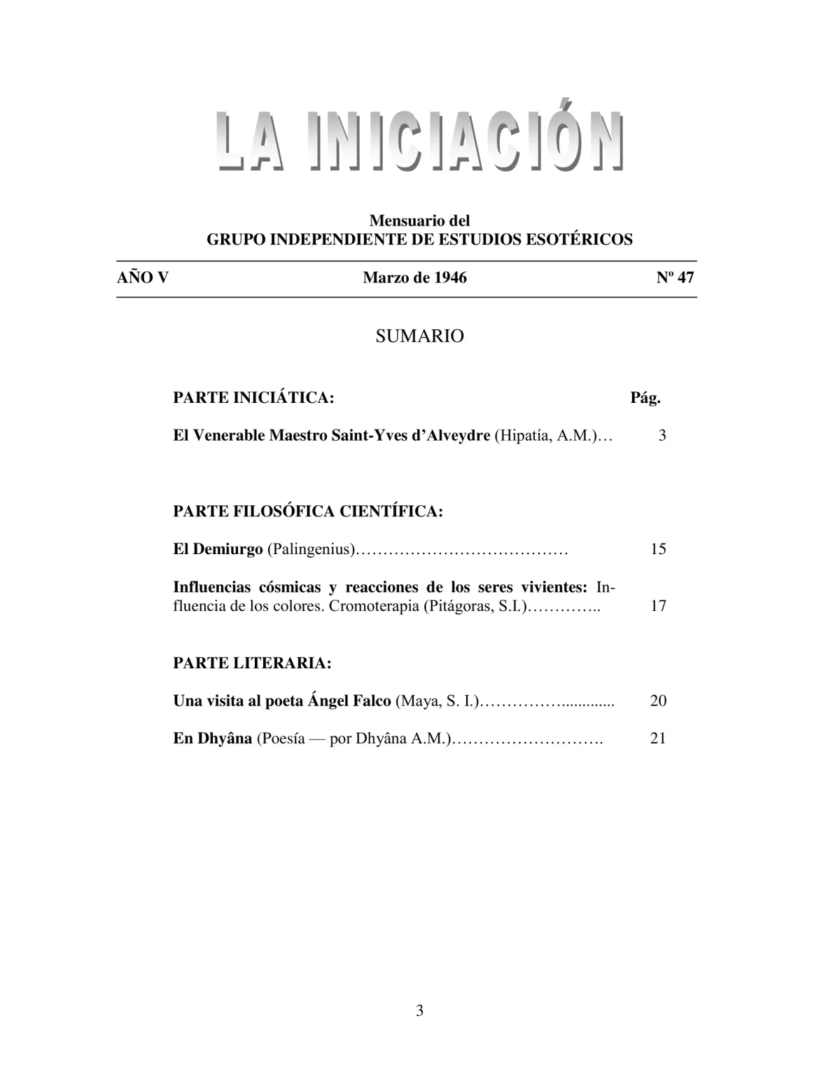La Iniciación · Año V, Nº 47 · March 1946, page 3