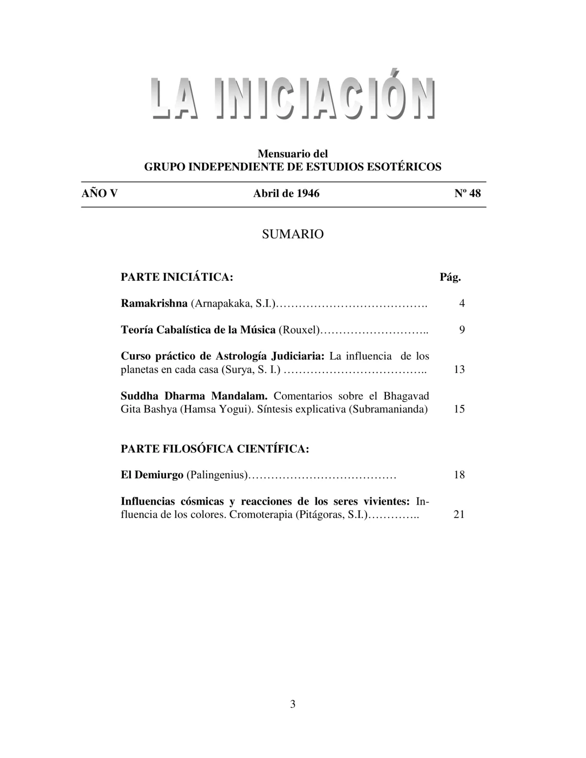 La Iniciación · Año V, Nº 48 · April 1946, page 3