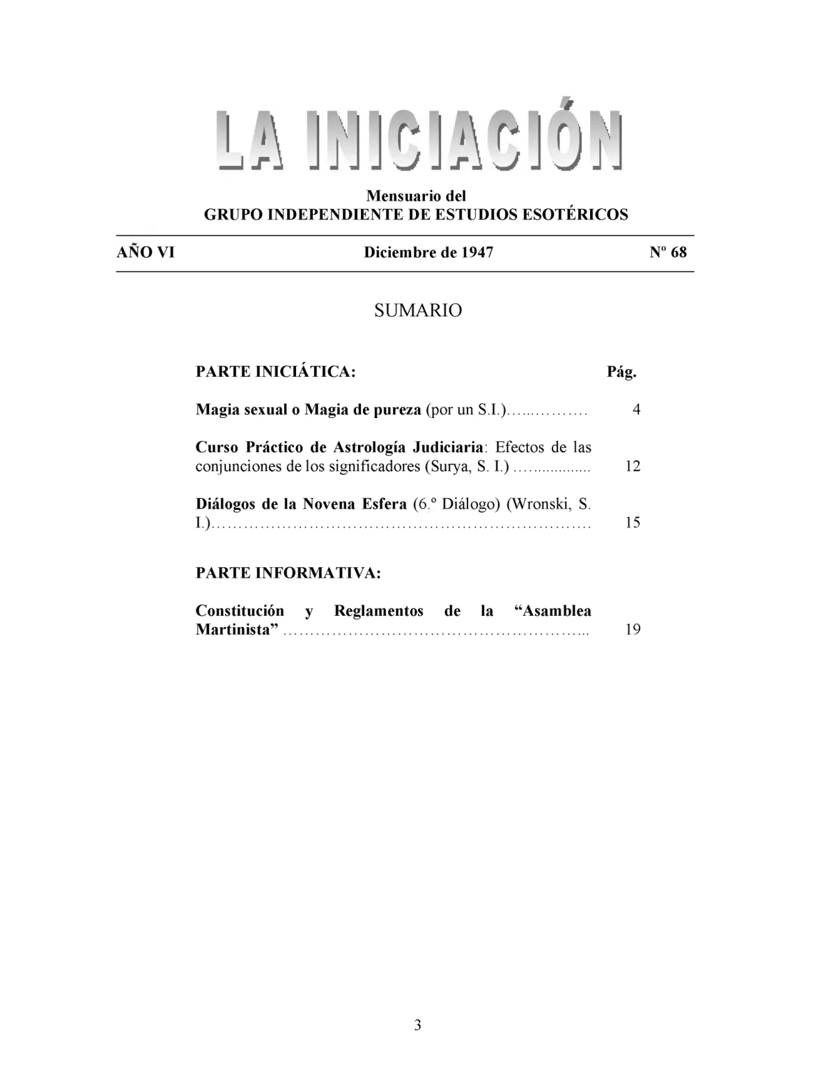 La Iniciación · Año VI, Nº 68 · December 1947, page 3